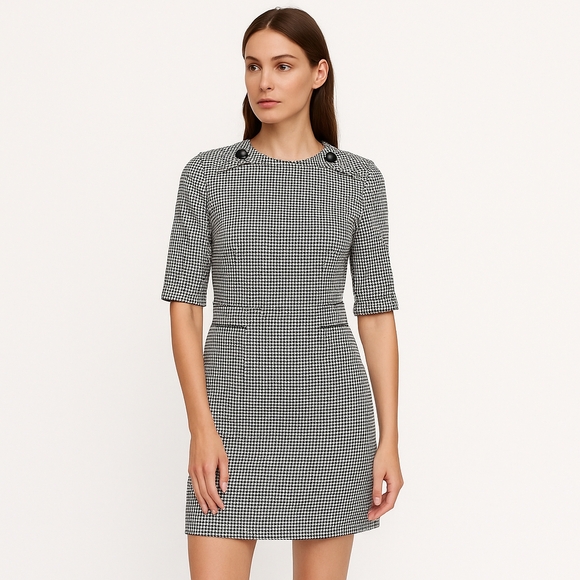 Zara Woman Houndstooth Mini Shift Dress Black White Check Office Work Small - Picture 1 of 12